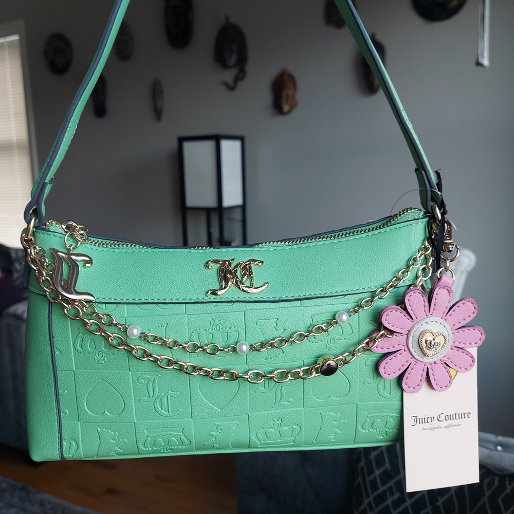 Juicy Couture Mint Green Embossed Shoulder Bag with Chain Detail